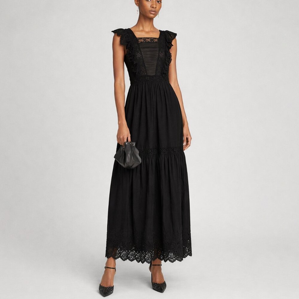 Ulla Johnson Amelie Silk Embroidered Lace Ruffled Maxi Dress Raven Black 2